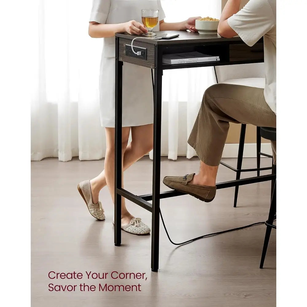 Ash Brown 47.2 High Top Bar Table with Power Outlets and Storage