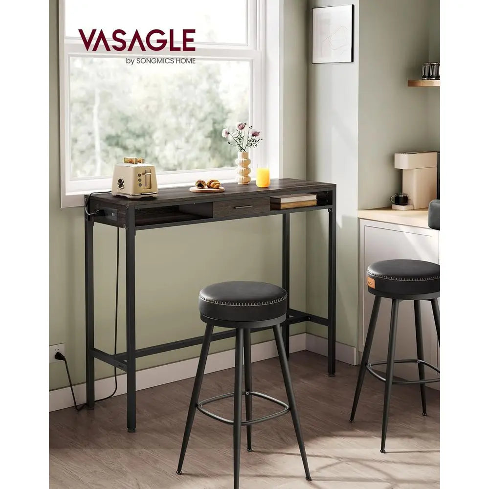 Ash Brown 47.2 High Top Bar Table with Power Outlets and Storage