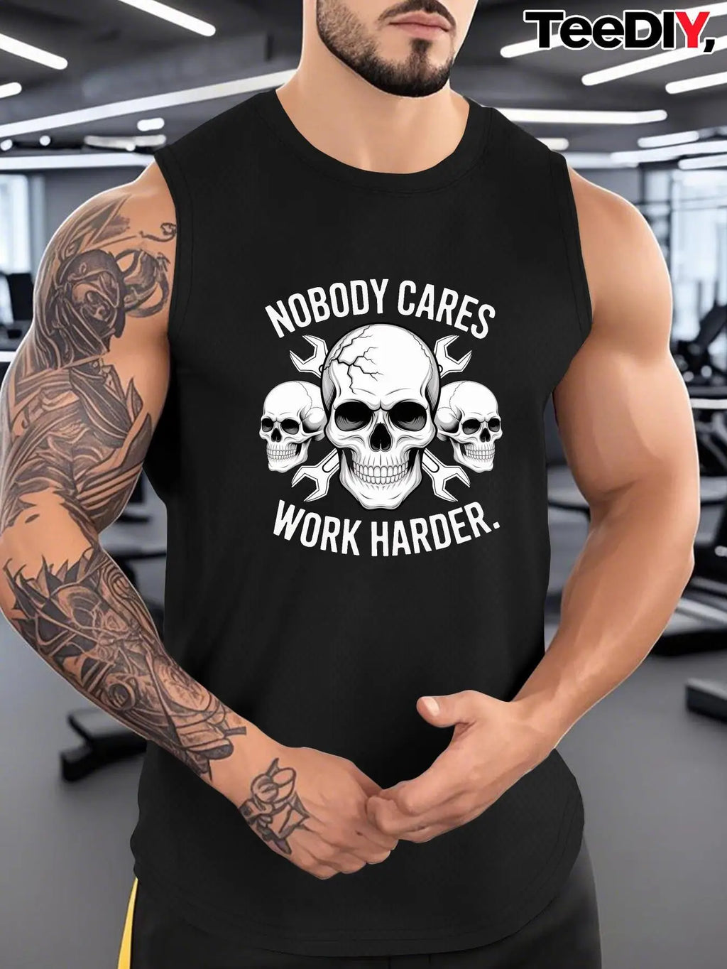 Men's sleeveless sports vest - "Nobody Cares" skull design, black, with the pattern of working harder