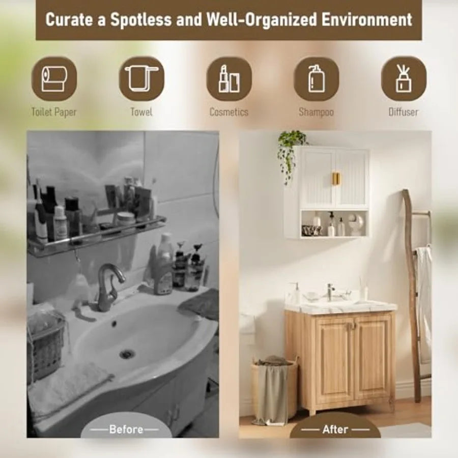 Bathroom Wall Cabinet Wall-Mounted Medicine Cabinet with Adjustable Wood Shelf Doors Floating Bathroom Cabinet Over Toilet for