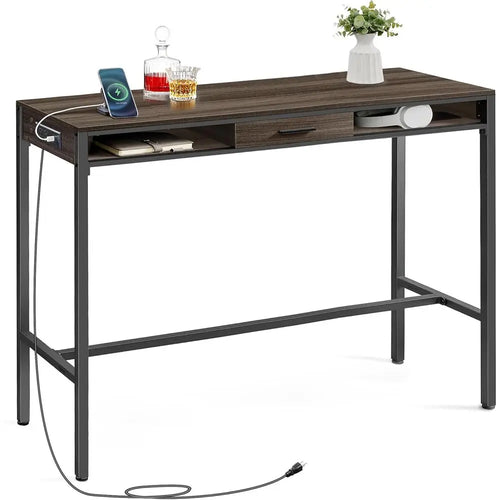 Ash Brown 47.2 High Top Bar Table with Power Outlets and Storage