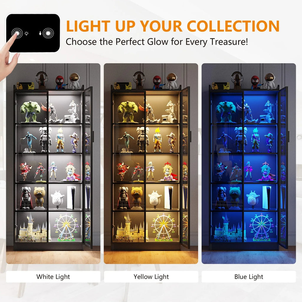 Display Cabinet with Acrylic Doors, 5-Tier Curio Cabinets with 3 Color LED Light