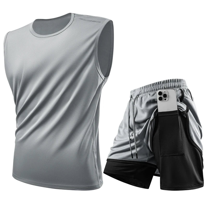 Tank Top Sets Reflective Sport Tracksuits Gym Training Cycling Jogging Men Track Suit Quick-Dry Running Fitness Suit Vest set