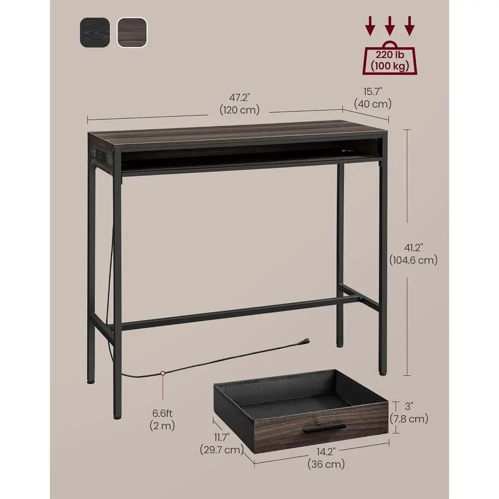 Ash Brown 47.2 High Top Bar Table with Power Outlets and Storage