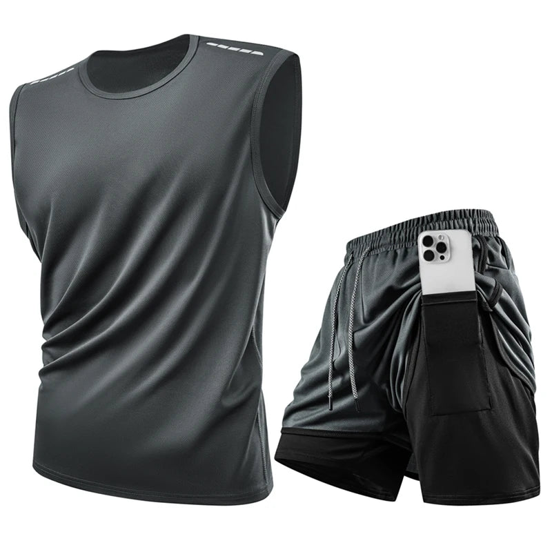 Tank Top Sets Reflective Sport Tracksuits Gym Training Cycling Jogging Men Track Suit Quick-Dry Running Fitness Suit Vest set