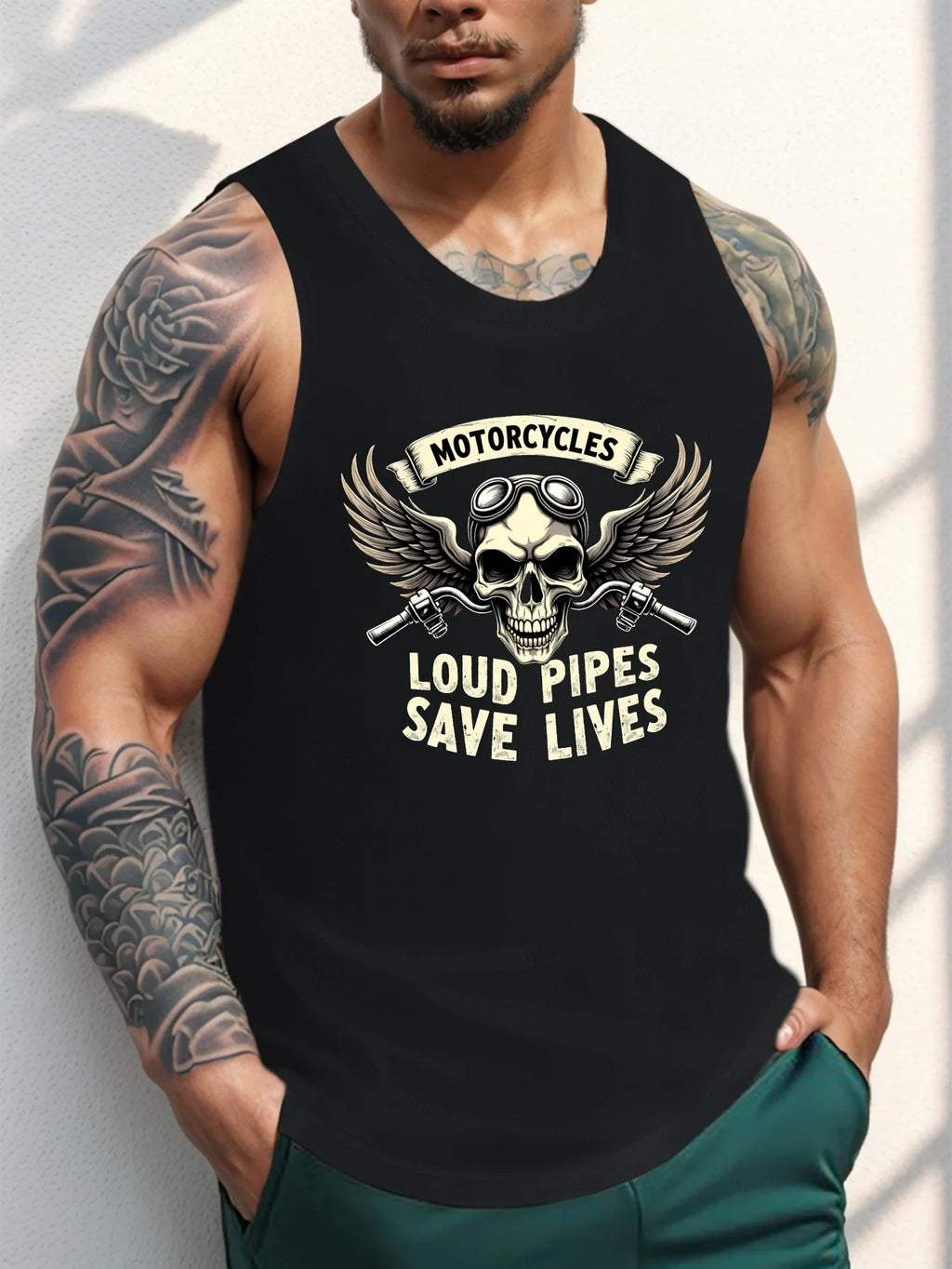 The loud exhaust pipe of the motorcycle saves lives. Heavy-duty men's vest.