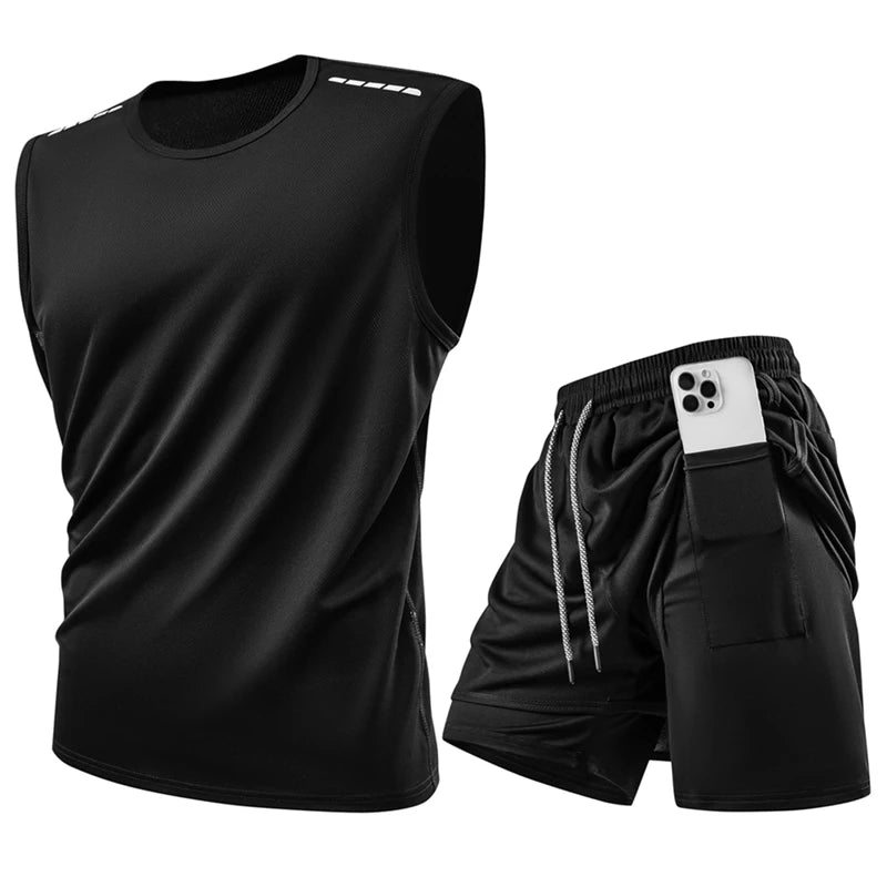 Tank Top Sets Reflective Sport Tracksuits Gym Training Cycling Jogging Men Track Suit Quick-Dry Running Fitness Suit Vest set