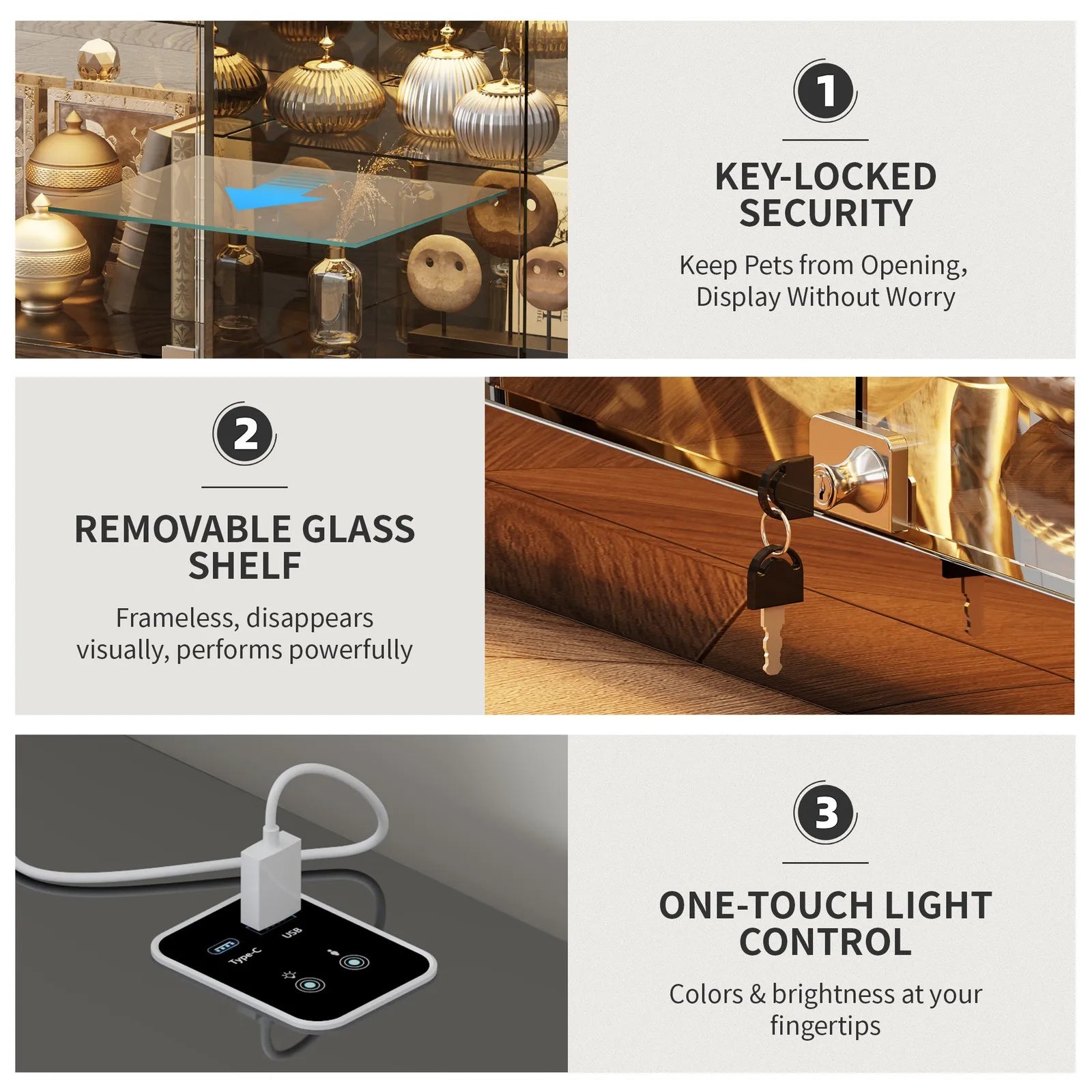 Glass Display Cases with Human Sensor and 3 Color Lights for Collectibles