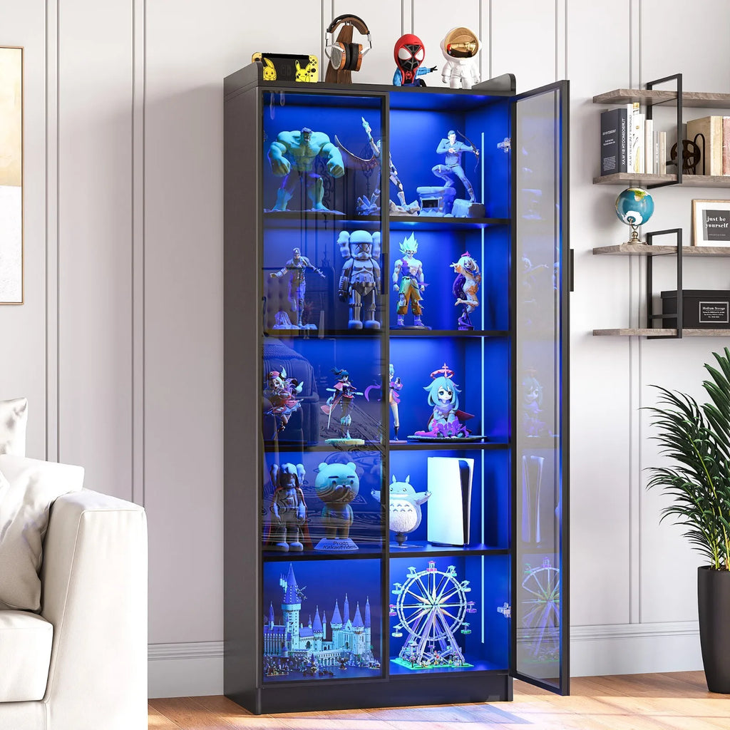 Display Cabinet with Acrylic Doors, 5-Tier Curio Cabinets with 3 Color LED Light
