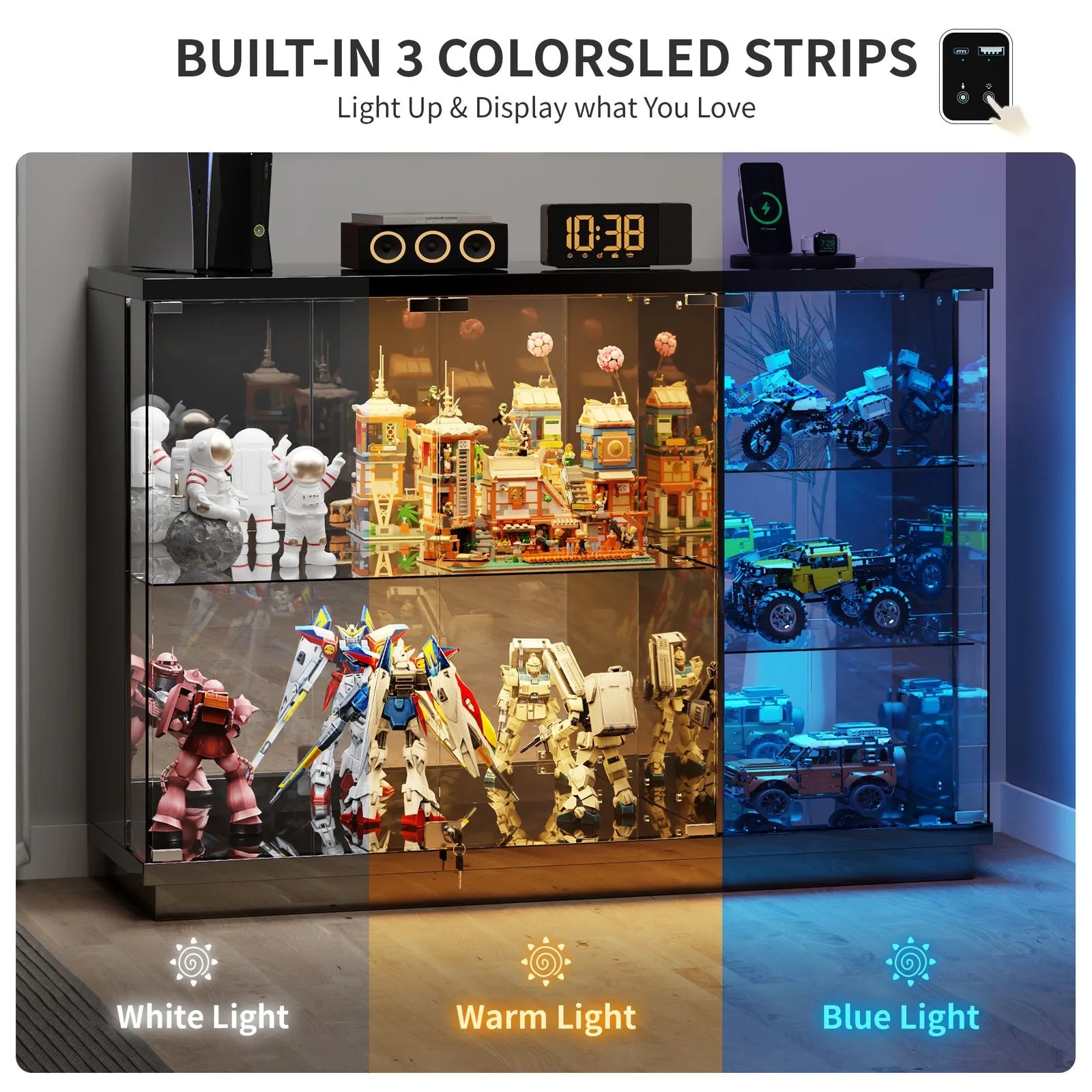 Glass Display Cases with Human Sensor and 3 Color Lights for Collectibles