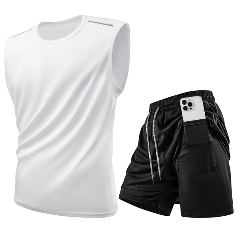 Tank Top Sets Reflective Sport Tracksuits Gym Training Cycling Jogging Men Track Suit Quick-Dry Running Fitness Suit Vest set