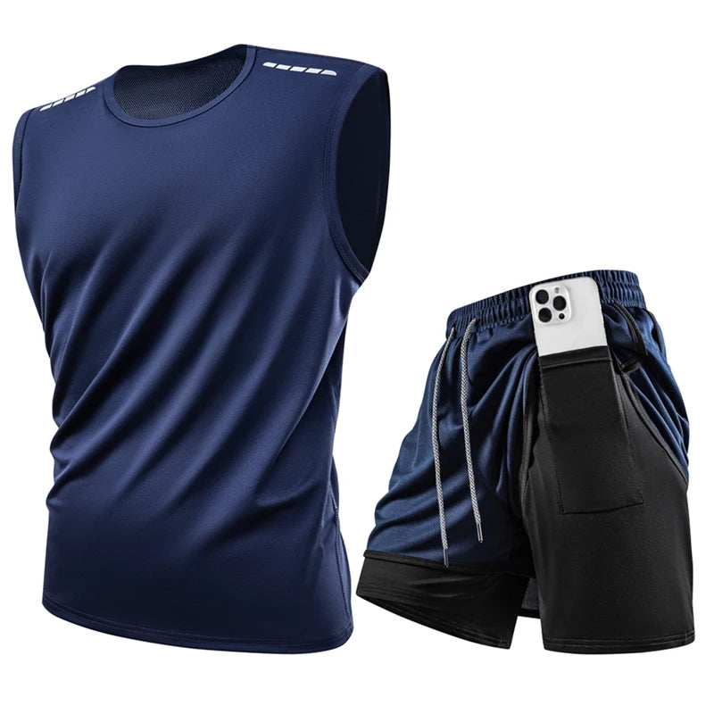 Tank Top Sets Reflective Sport Tracksuits Gym Training Cycling Jogging Men Track Suit Quick-Dry Running Fitness Suit Vest set